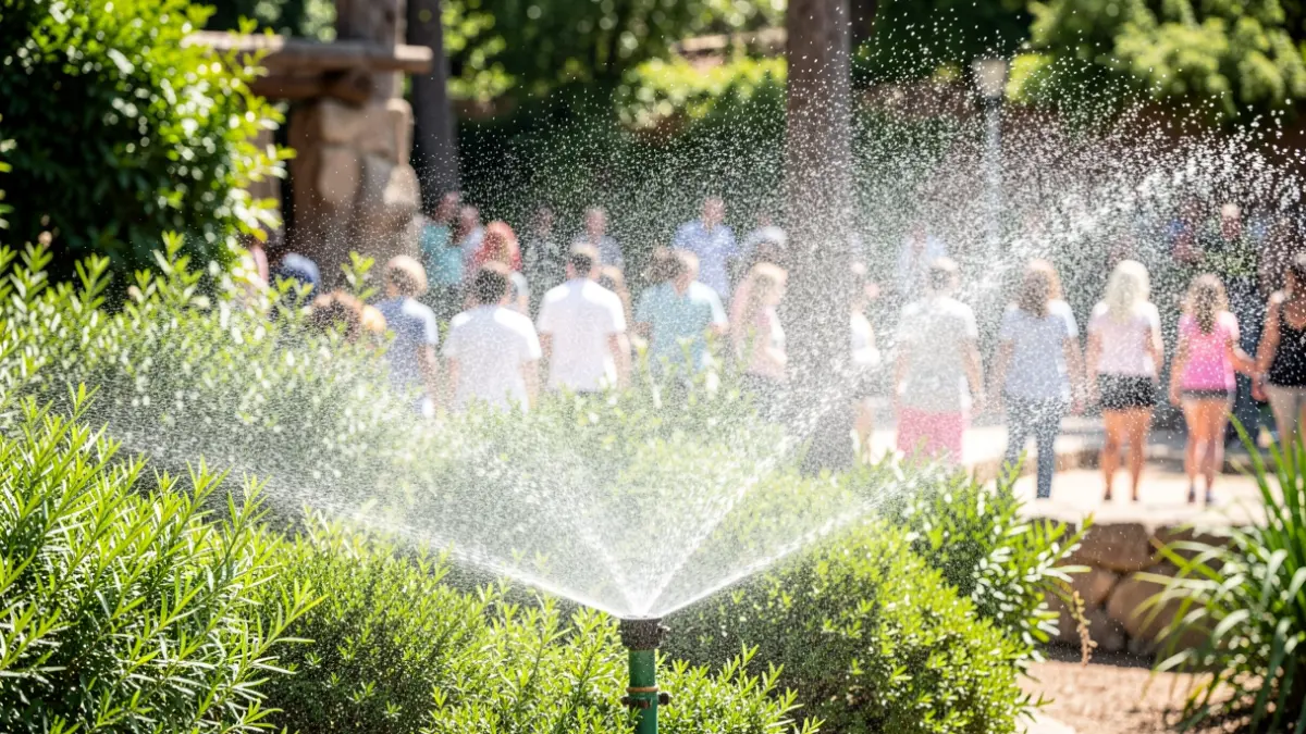 Imatge genèrica d'un sistema de reg en un entorn de jardí o parc.