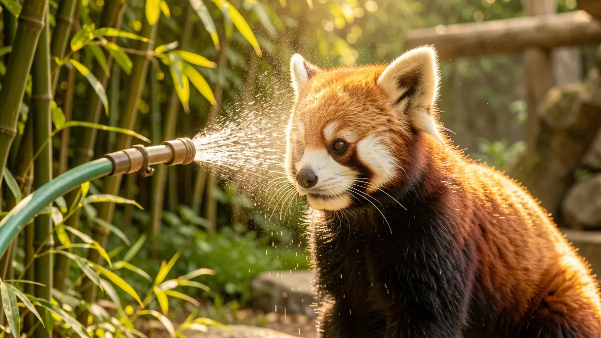 Un panda rojo recibe agua de una manguera en el Zoo de Barcelona durante un episodio de calor.