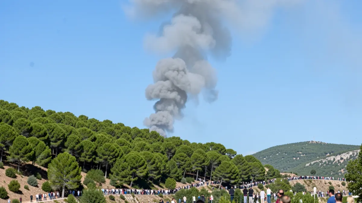 Column of smoke over a wooded area during a forest fire.