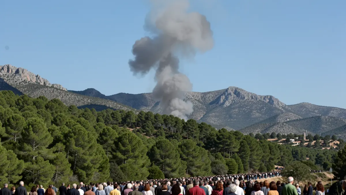 Smoke columns over the Gavarres massif during firefighting operations.