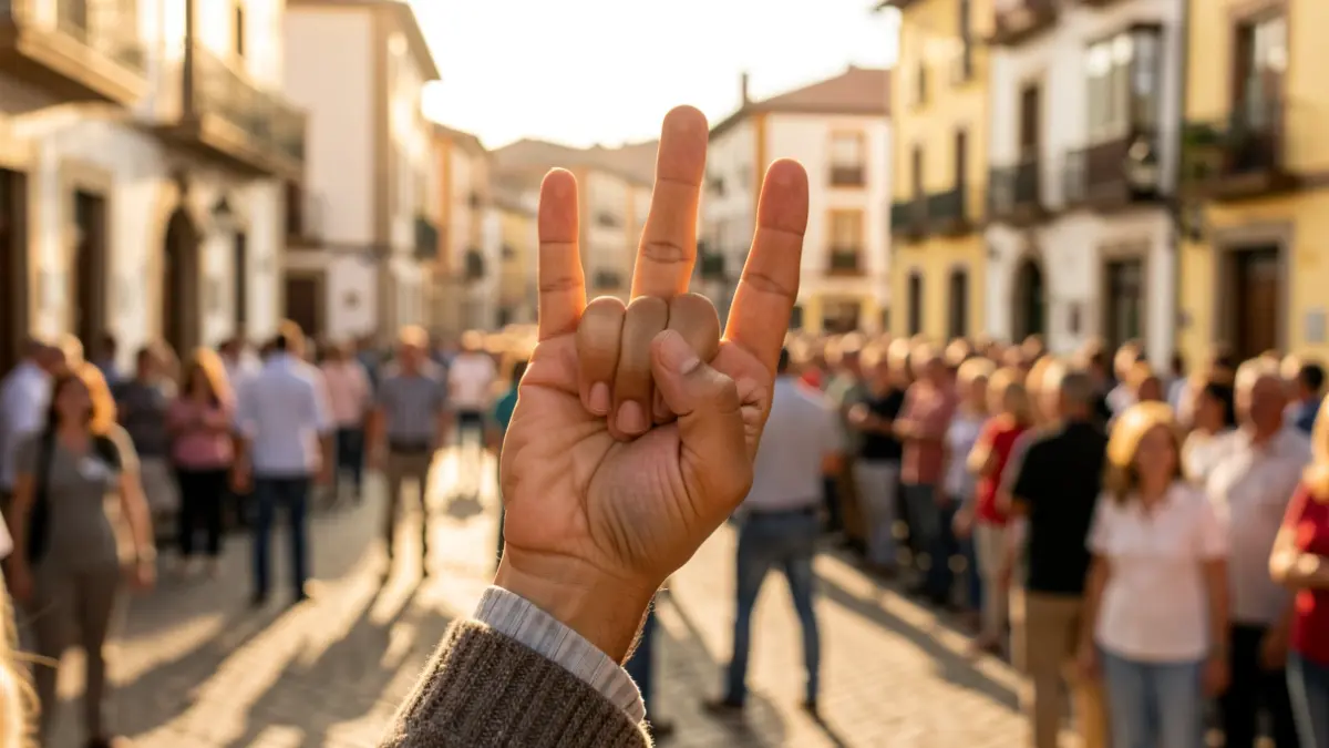 Hand gesture representing a three-person casteller formation in a town square.