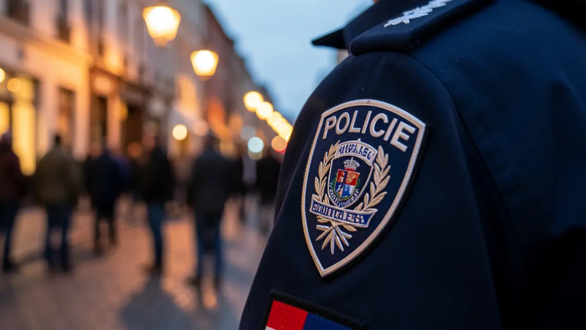 Imatge d'una placa policial sobre un uniforme blau fosc amb el fons desenfocat d'un carrer urbà.
