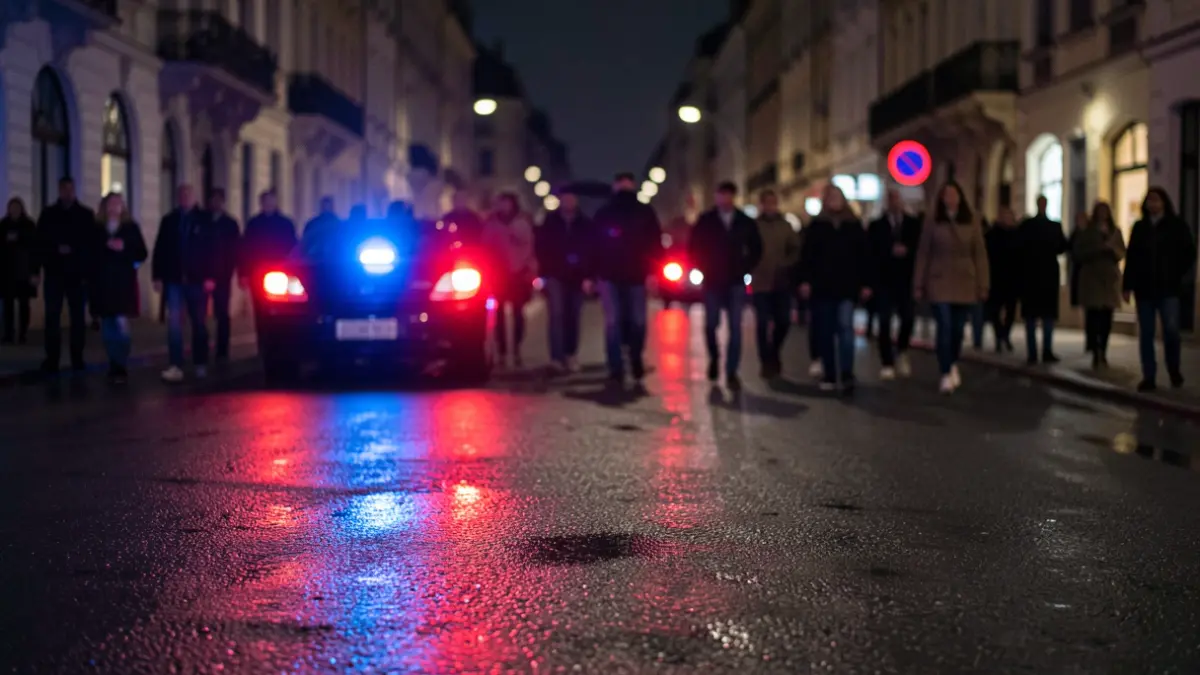 Imatge genèrica de llums d'emergència policials reflectint-se en asfalt mullat a la nit.