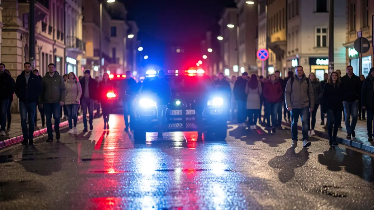 Imatge genèrica de llums d'emergència policials reflectint-se sobre asfalt mullat a la nit.