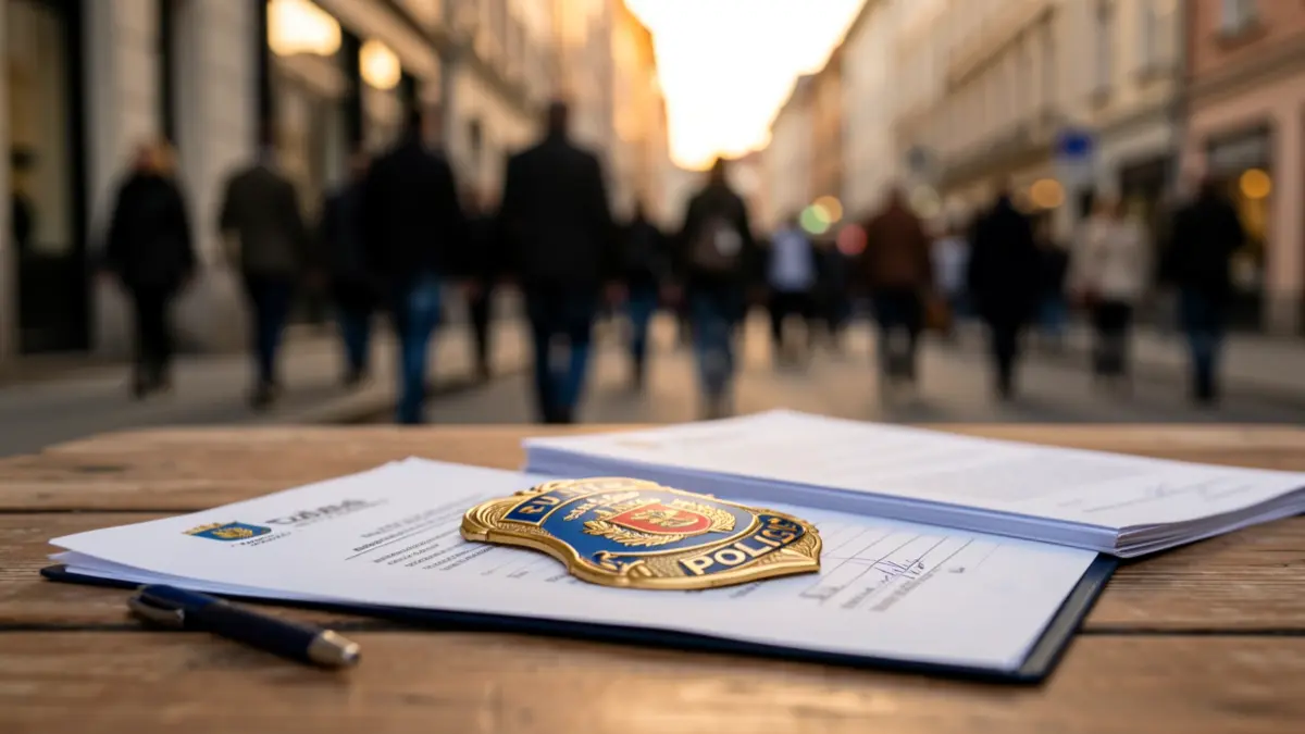 Image of police elements and official documentation on a table.