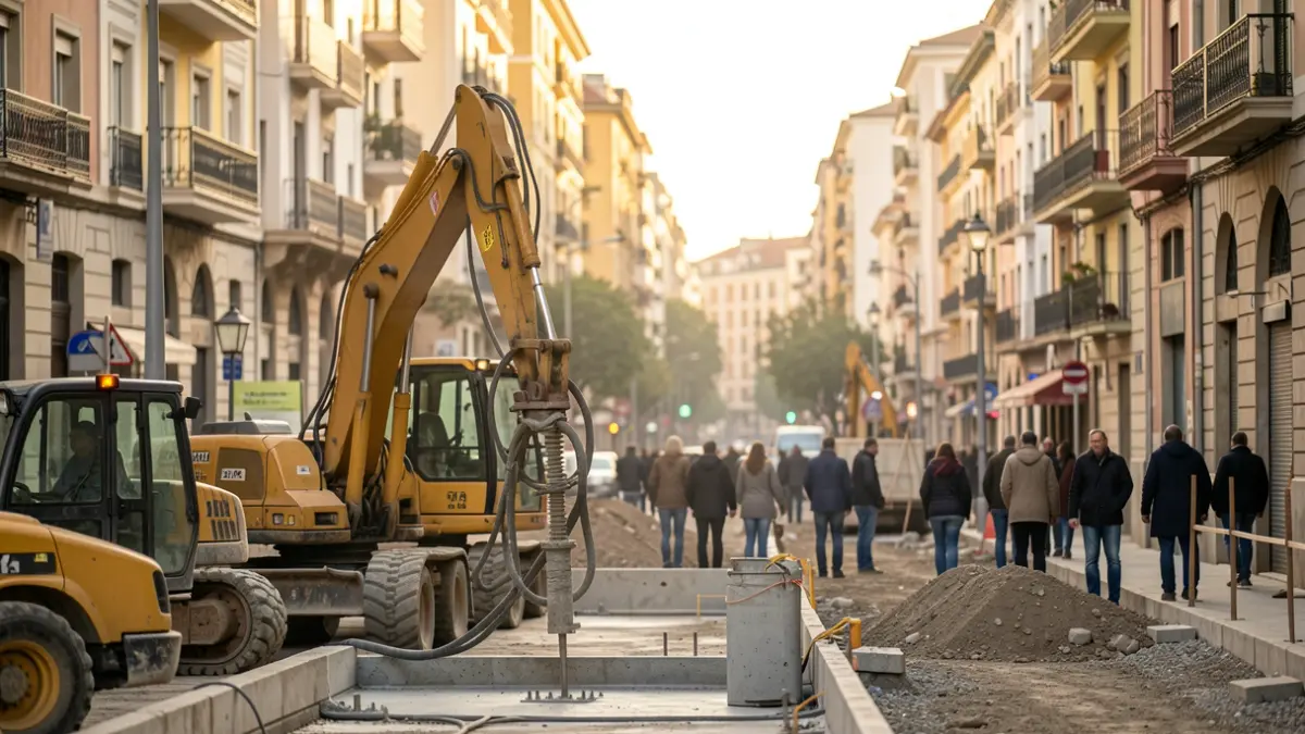 Construction works in an urban environment with heavy machinery.