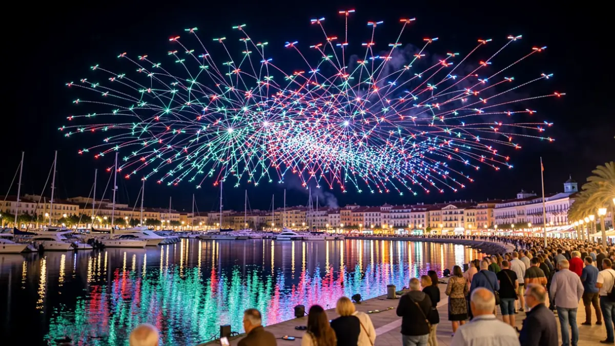 Espectáculo de drones iluminando el cielo nocturno sobre la marina de Empuriabrava.