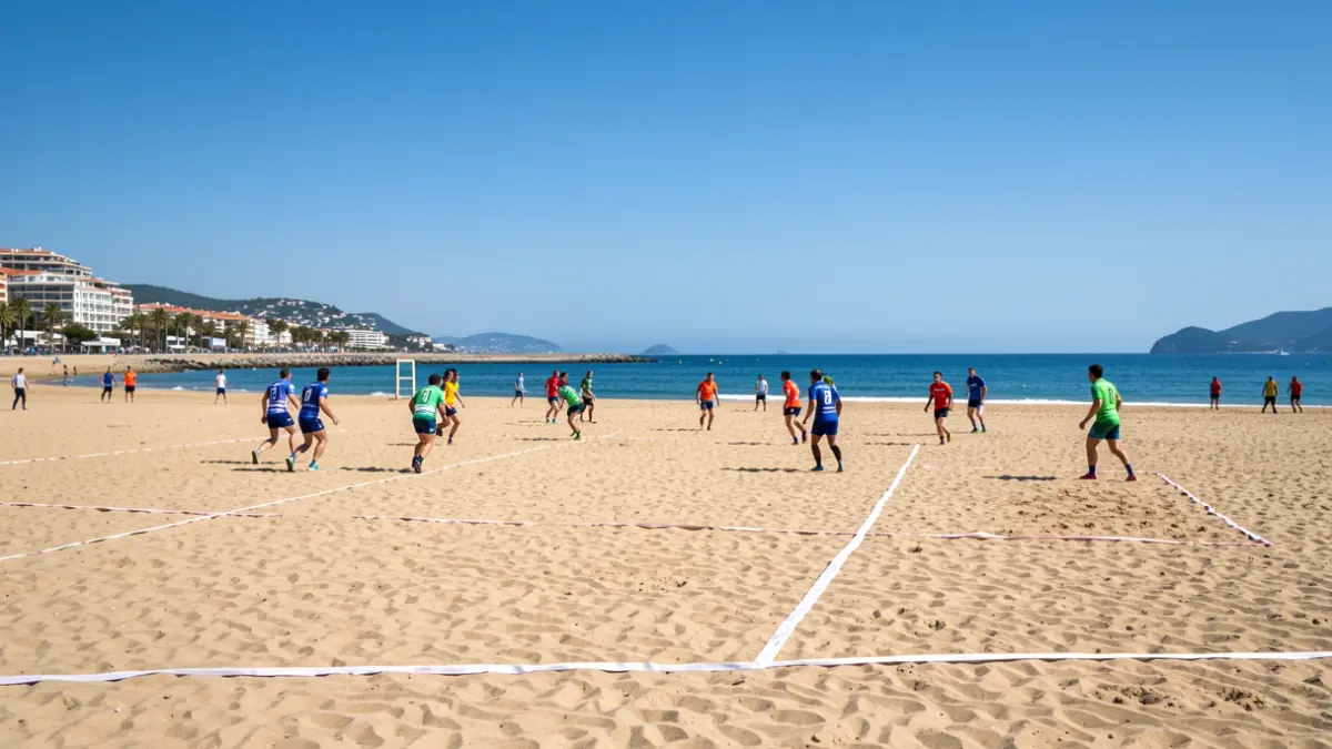 Jugadors de rugbi a la platja d'Empuriabrava durant el torneig.