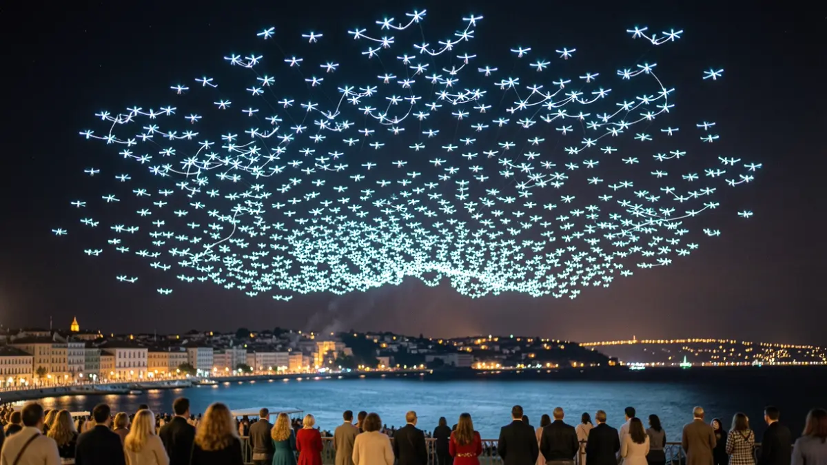 Drone show illuminating the night sky over Empuriabrava.