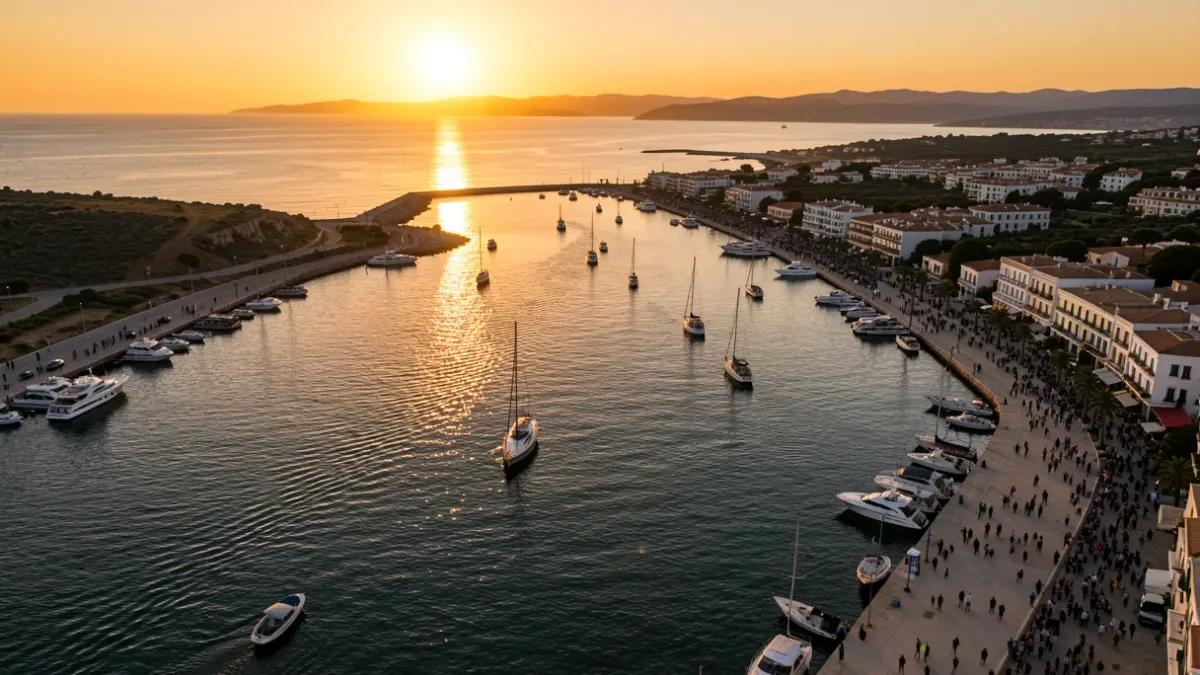 Aerial view of the canals of Empuriabrava during sunset.