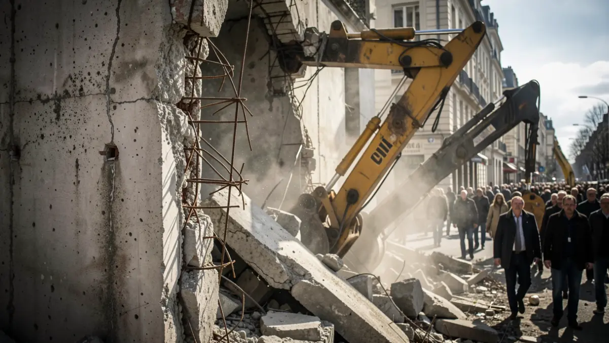 Imagen de un muro de obras derrumbado con maquinaria.