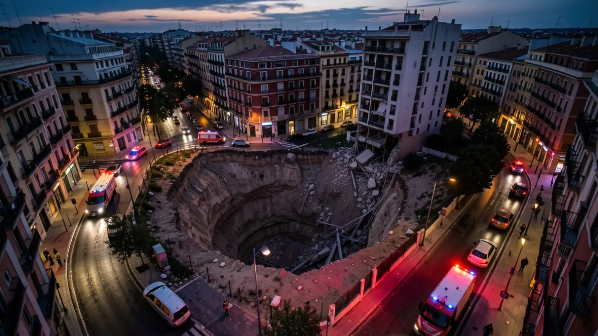 Vista aèria d'un gran esvoranc en una ciutat catalana amb llums d'emergència.