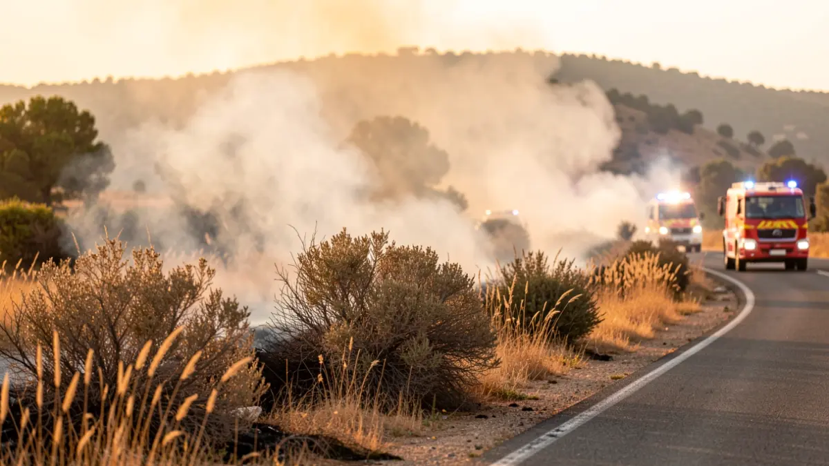 Imagen genérica de un incendio forestal controlado con humo y luces de emergencia.