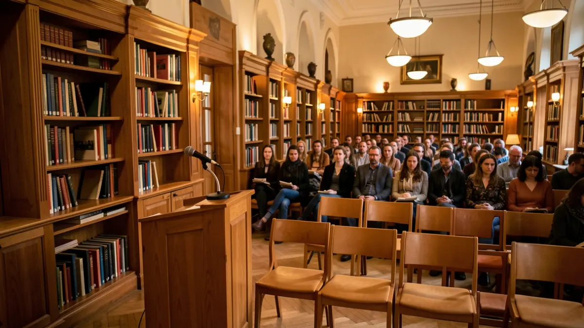 Interior of an event hall with a microphone and empty chairs, warm reading atmosphere.
