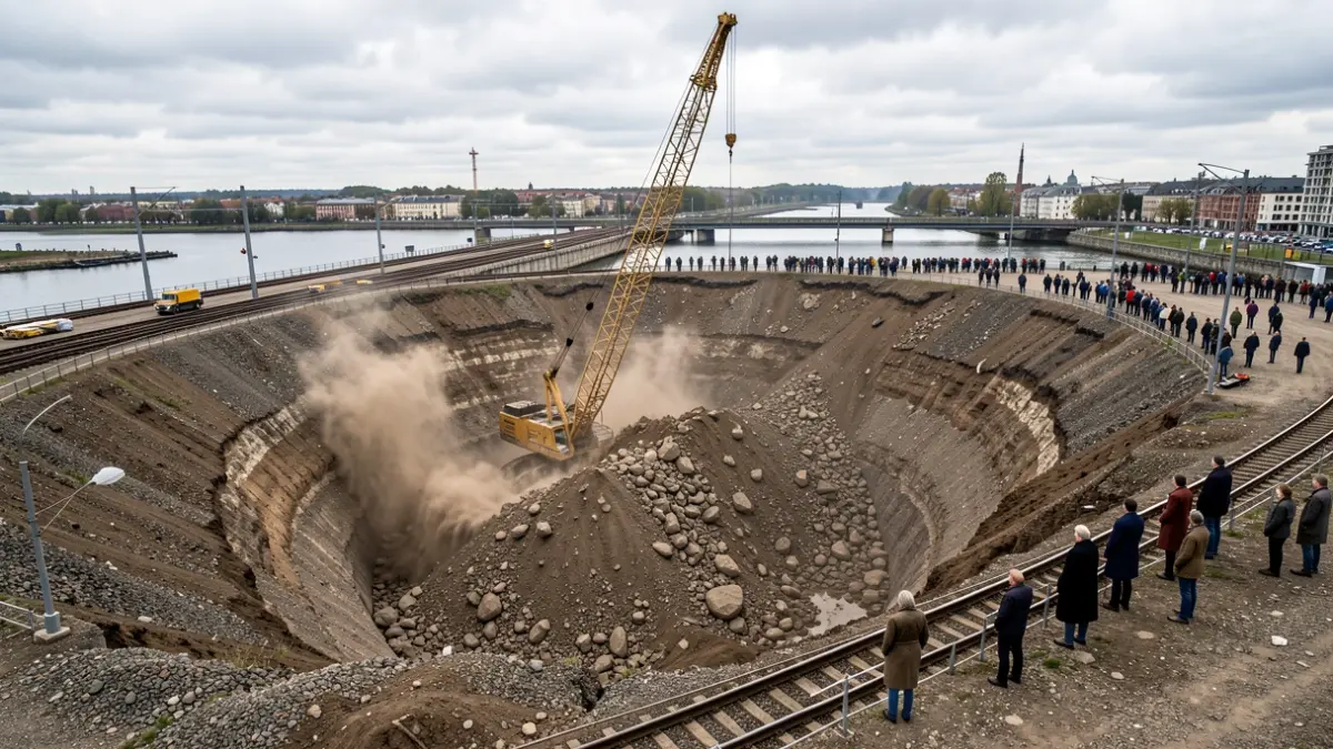 Image of a large sinkhole in railway construction in Montcada with a partially submerged crane.