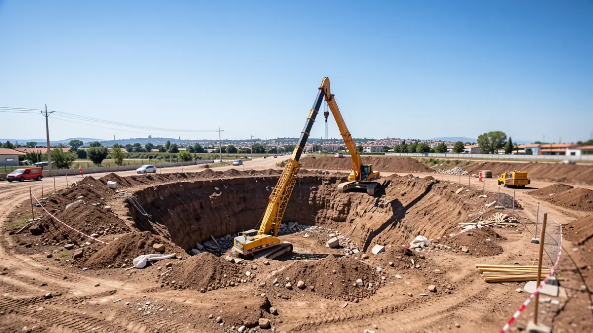 A large sinkhole in a construction area between Barcelona and Montcada i Reixac with a partially submerged crane.