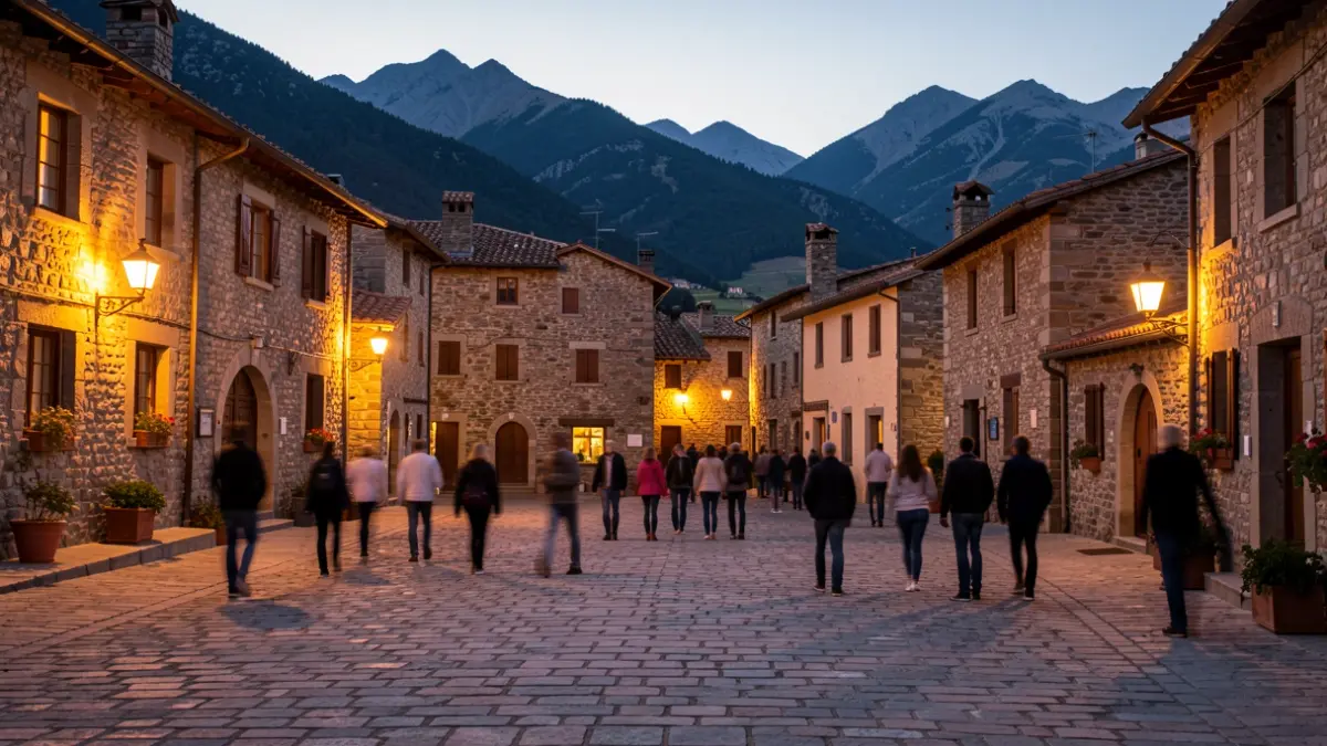 Ambiente nocturno en la plaza de un pueblo del Pirineo durante una celebración tradicional.
