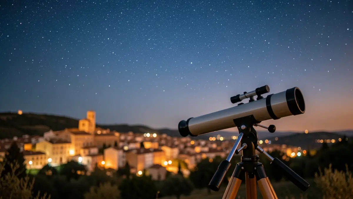 Generic image of nighttime astronomical observation with a telescope and a town in the background.
