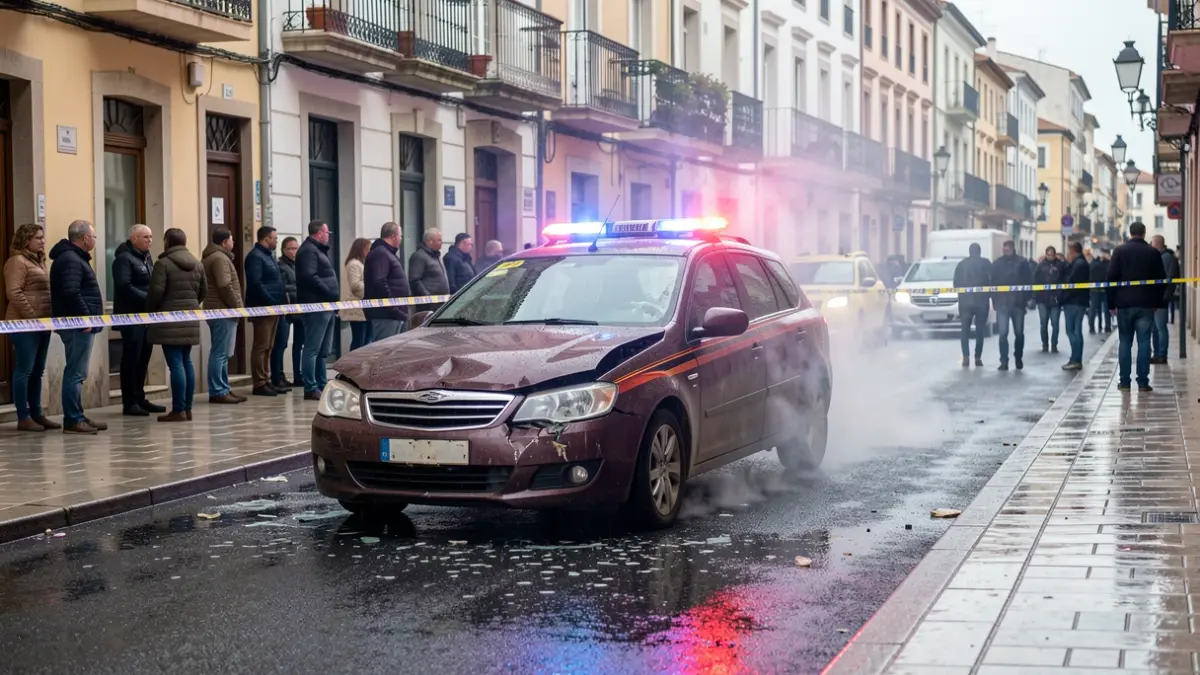 Imagen de un coche afectado por una explosión en la calle Lluís Companys de Lleida, con servicios de emergencia.