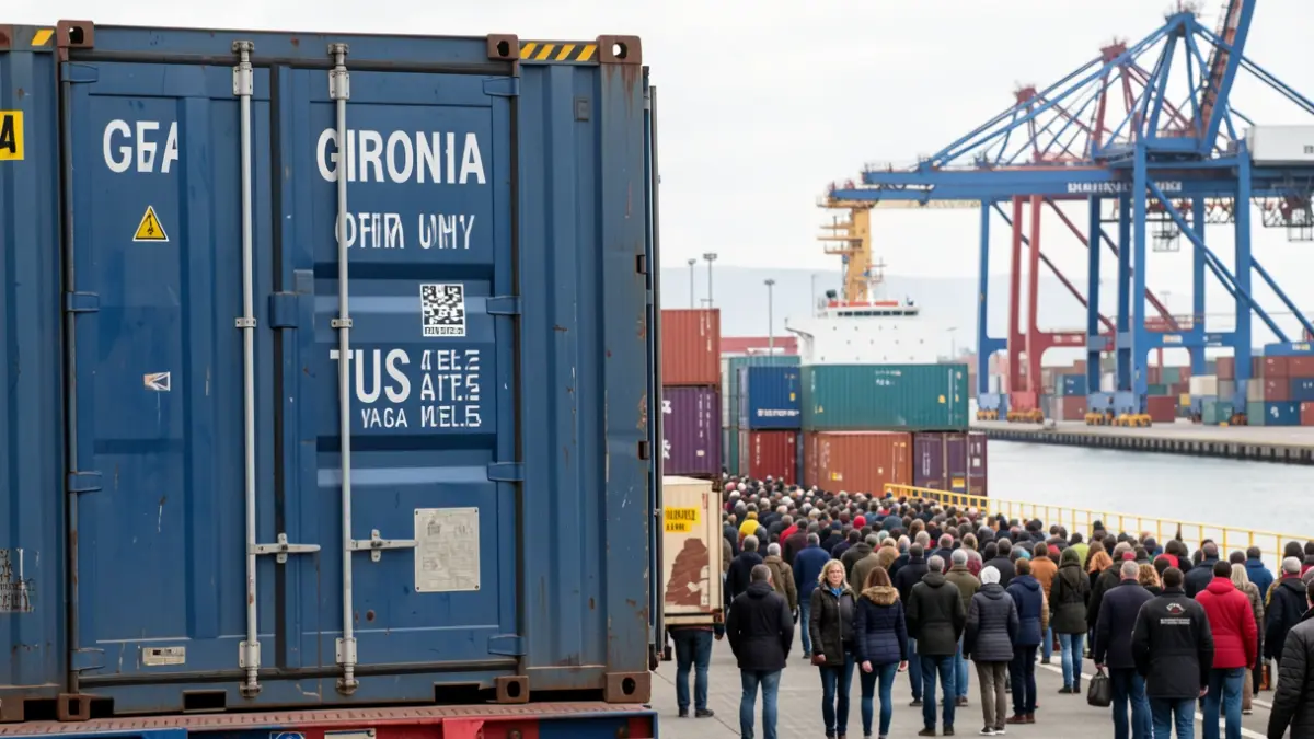Cargo containers labeled 'Girona' and 'USA' at a port.