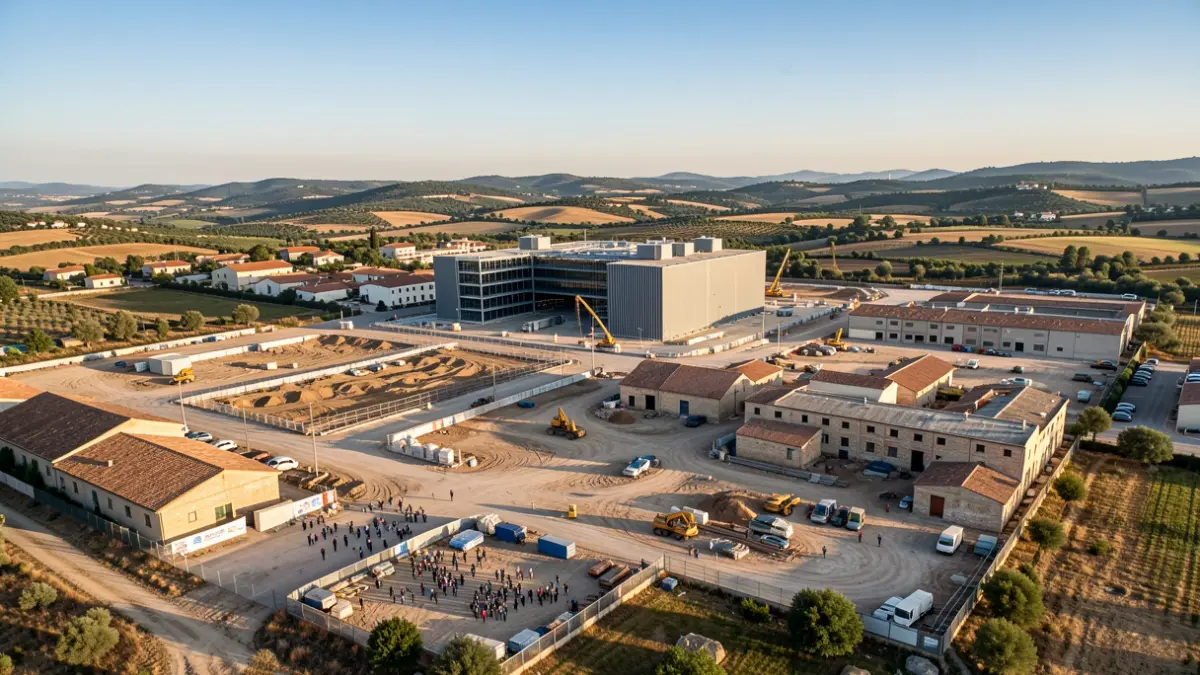 Vista aèria d'una gran factoria de processament de dades en construcció a Flix.