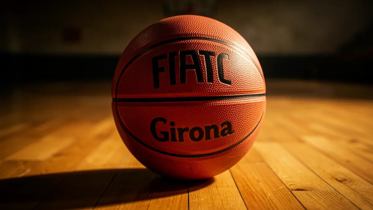 Pilota de bàsquet amb el logotip del FIATC Girona sobre una pista.