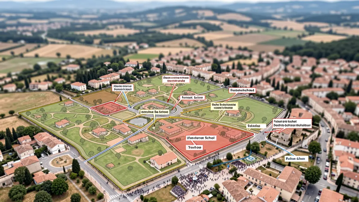 Aerial view of a town planning map with highlighted areas and annotations.