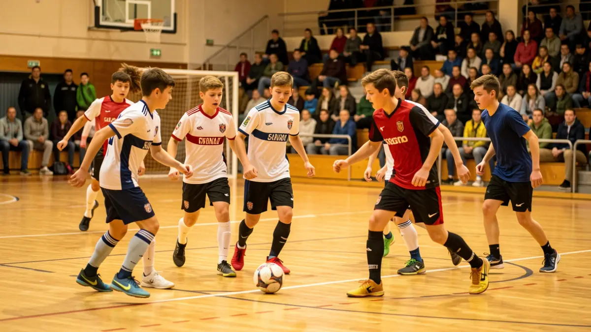 Young players playing an indoor football match on a sports court.