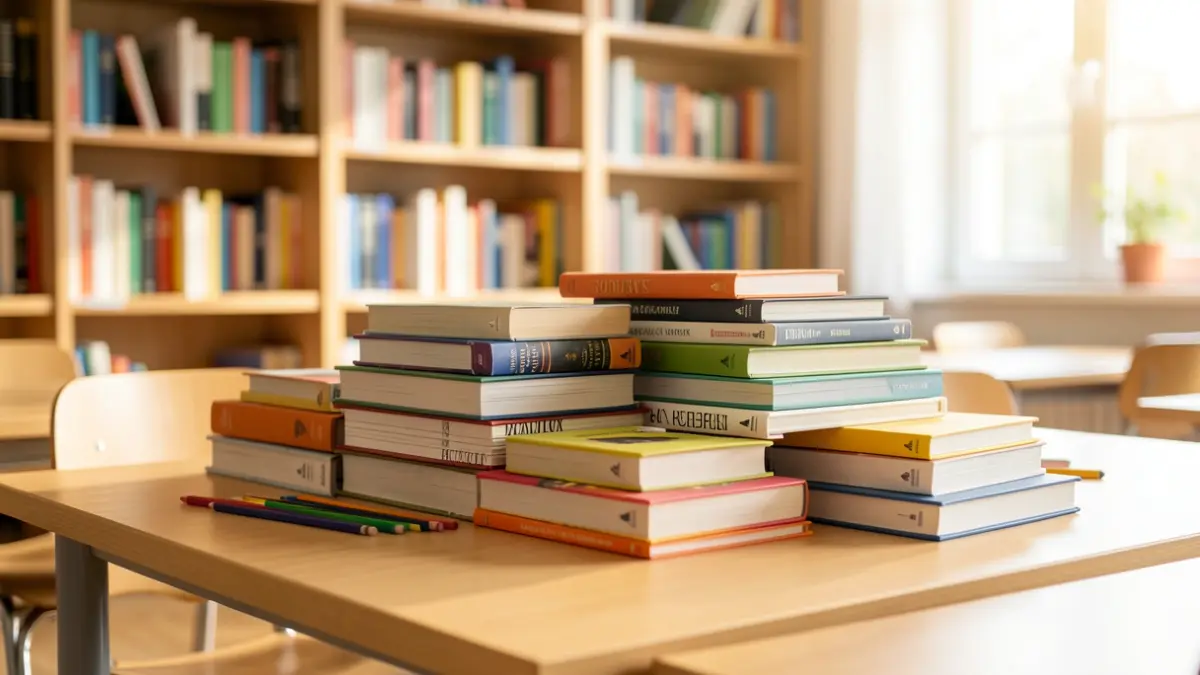Generic image of stacked second-hand textbooks and school supplies.