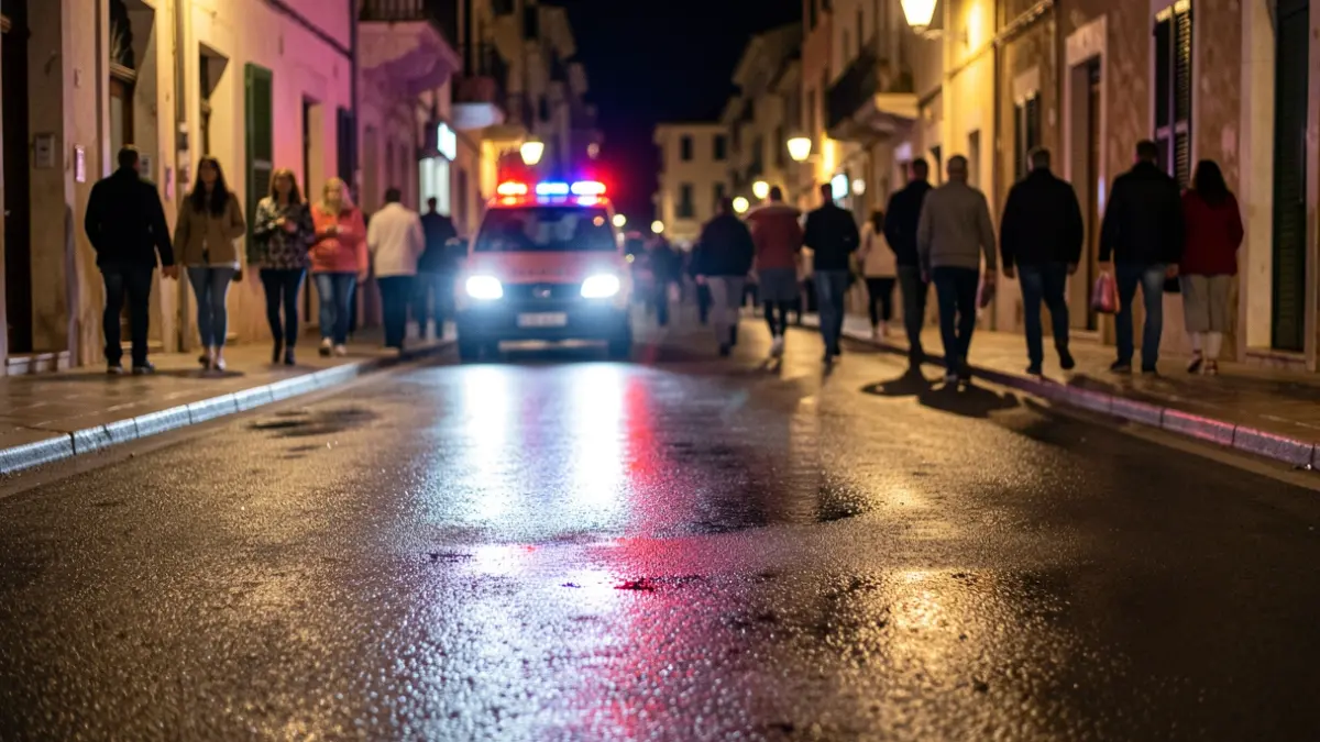 Imatge genèrica de llums d'emergència reflectint-se en asfalt mullat a la nit.