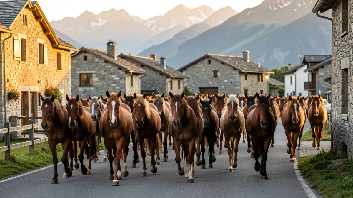 Horses from Casa Palanca de Tor passing through a village in Pallars Sobirà.