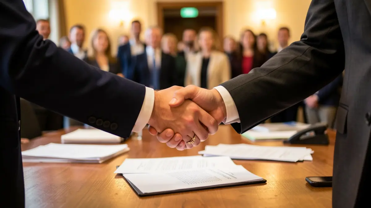 Imatge genèrica de dues mans formalitzant un acord sobre una taula.