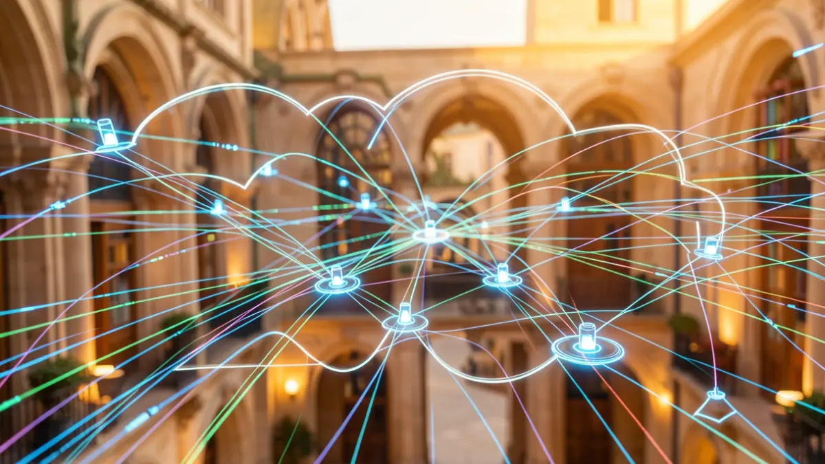 Abstract representation of a secure digital cloud infrastructure with interconnected data streams.
