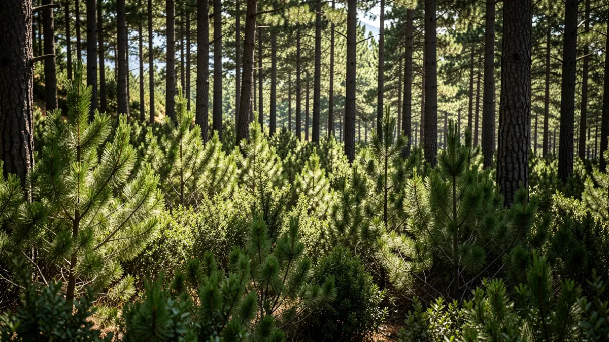 Bosc dens de pins al Pirineu català amb sotabosc espès, llum solar filtrant-se entre els arbres.
