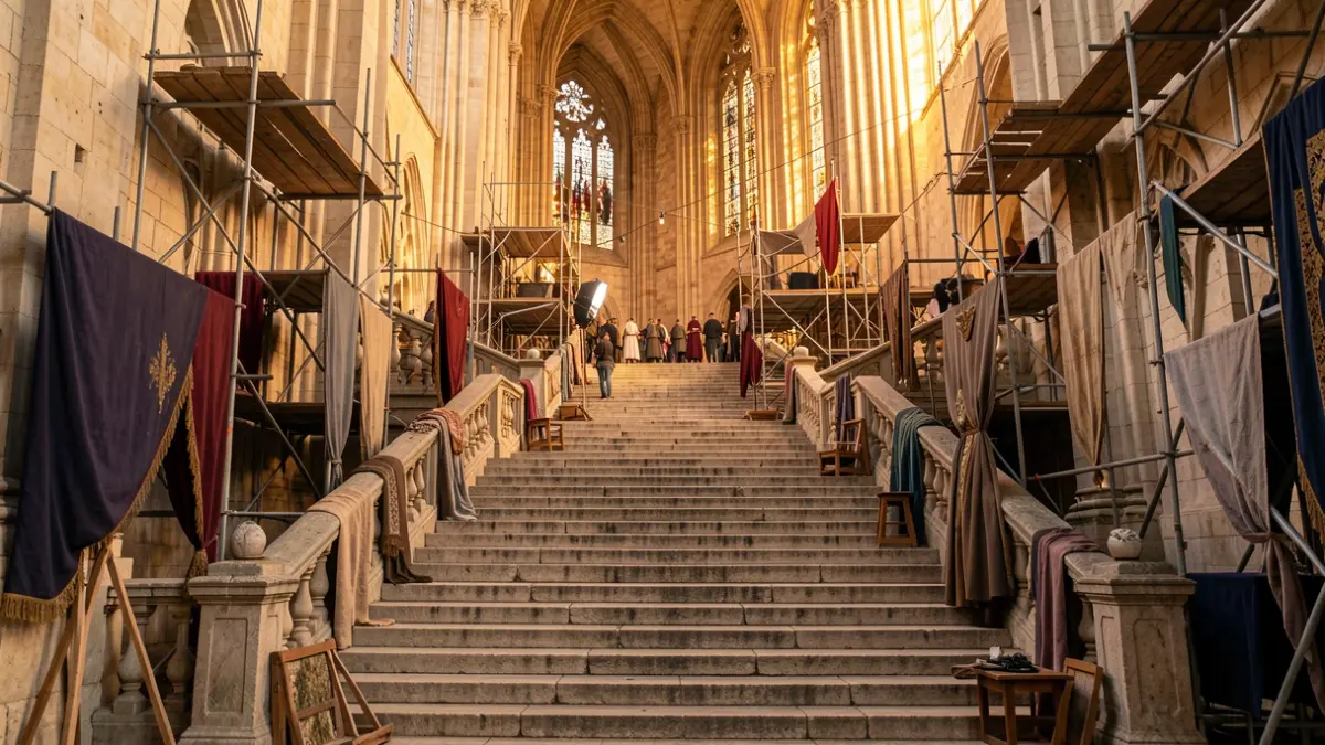 Escalinata de la Catedral de Girona transformada para el rodaje de una película.
