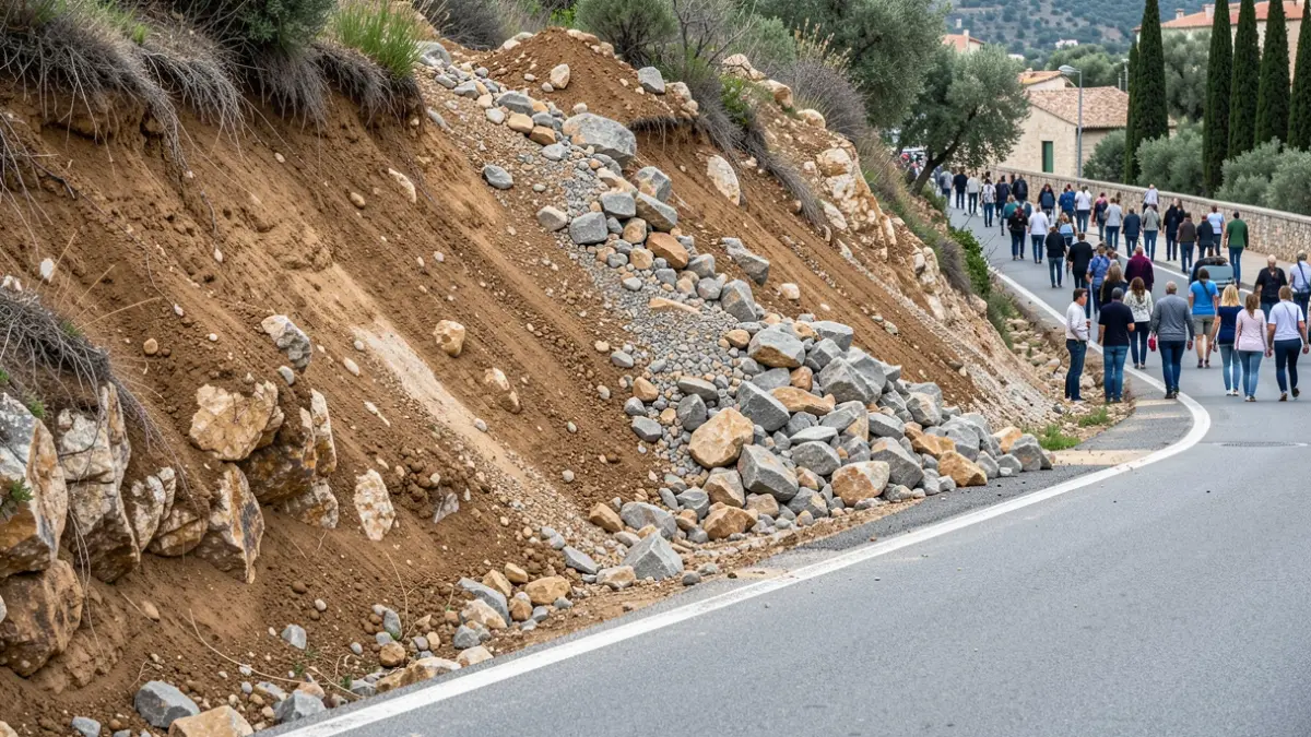 Talud inestable en la carretera de Sant Feliu en Girona, con riesgo de desprendimientos.
