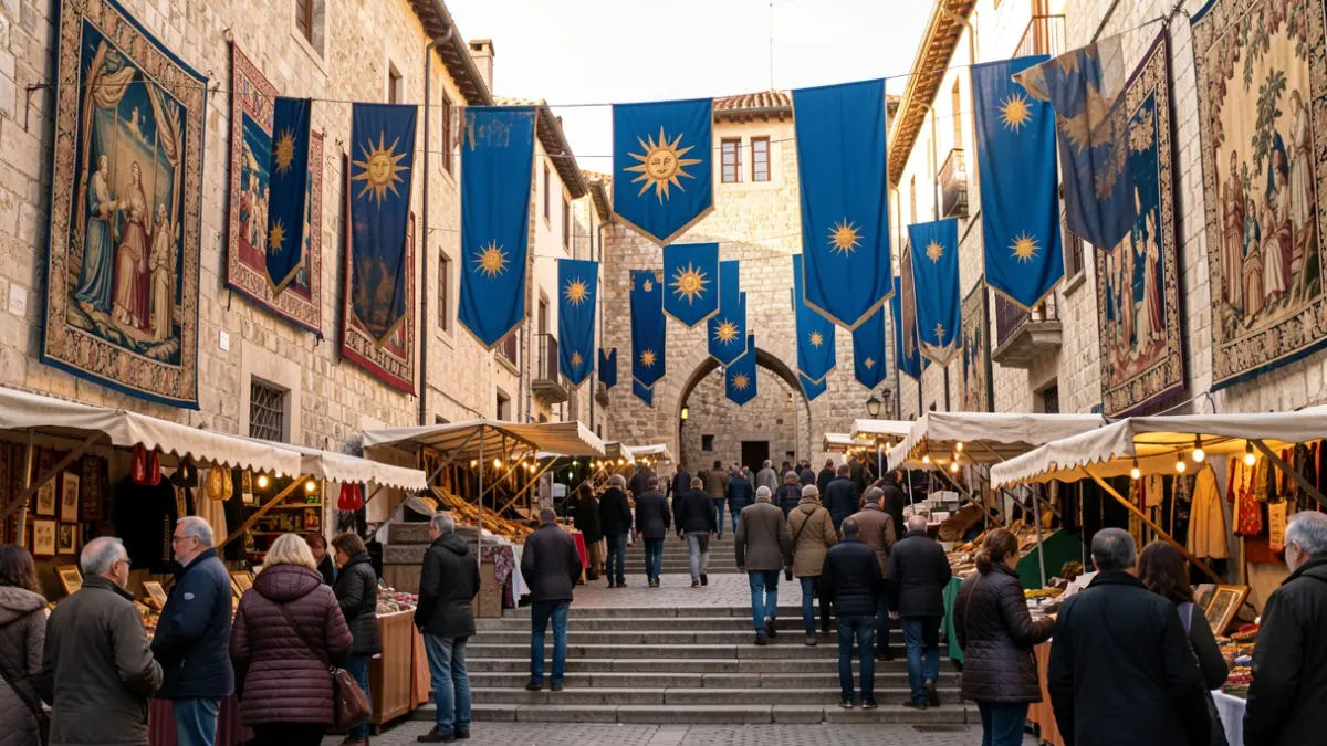 Street decoration in Girona for a film shoot, featuring banners, market stalls, and tapestries.