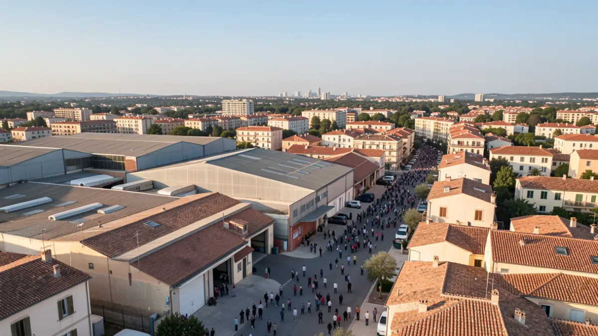 Aerial view of an urban area undergoing transformation with residential and industrial buildings.