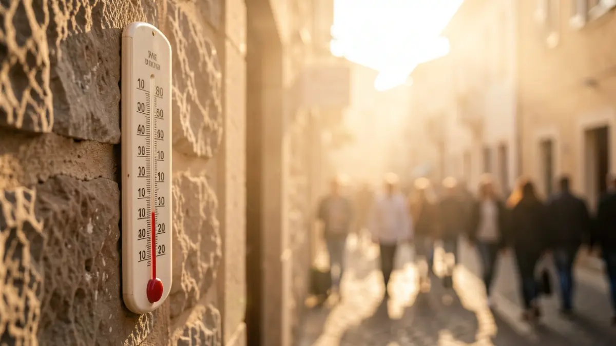 Imatge genèrica d'un termòmetre en un entorn urbà sota una forta calor.