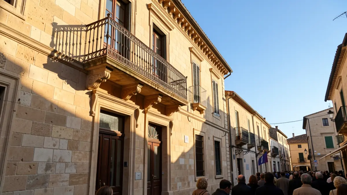 Fachada de piedra de un edificio municipal con balcón y barandillas de hierro bajo la luz del sol.