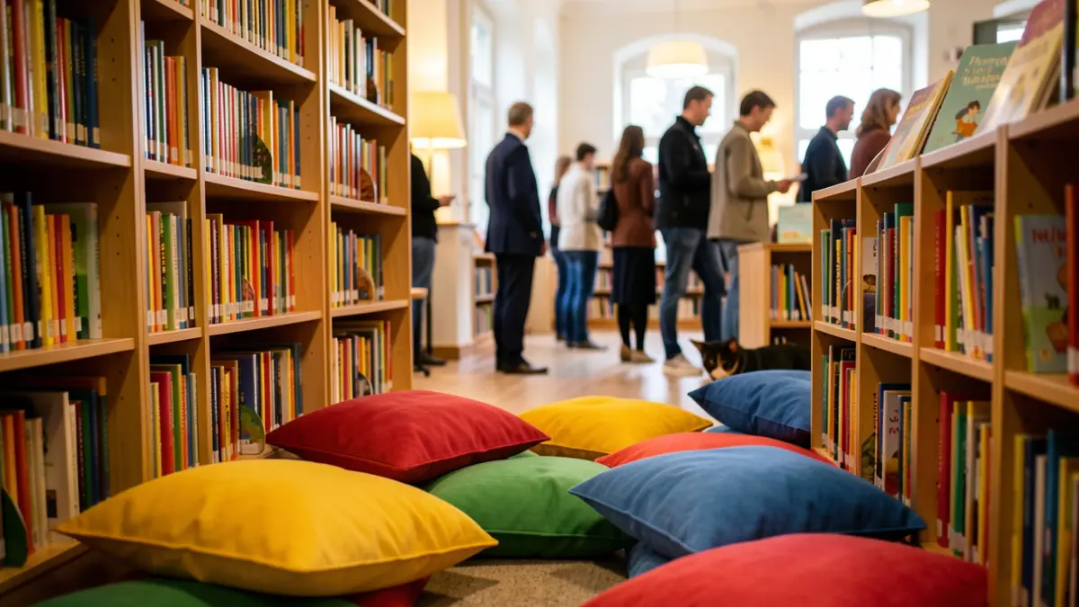 Racó infantil d'una biblioteca amb coixins i llibres.