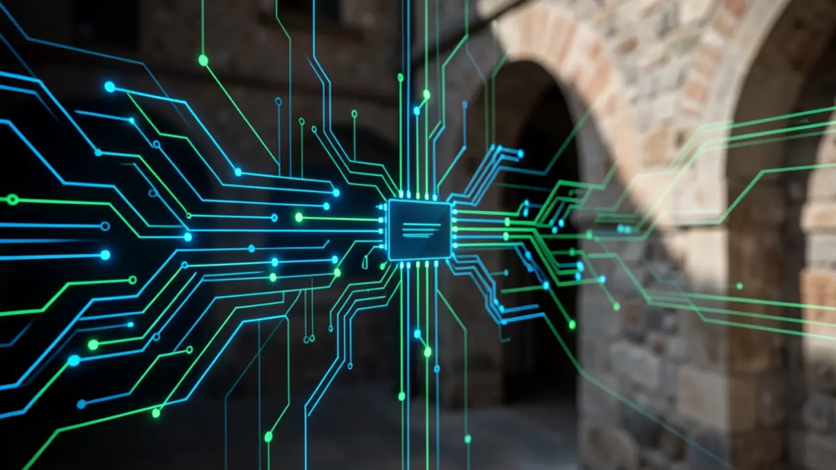Abstract representation of artificial intelligence with Mediterranean architectural elements.