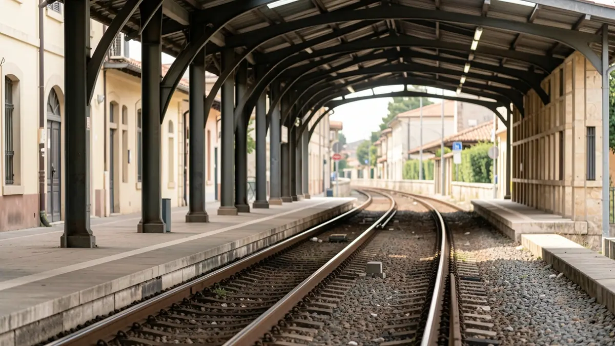 Andén vacío de una estación de tren con vías que se pierden a lo lejos.