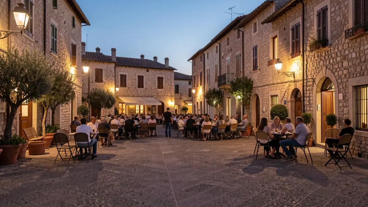 Imagen genérica de una plaza de pueblo mediterráneo al atardecer.