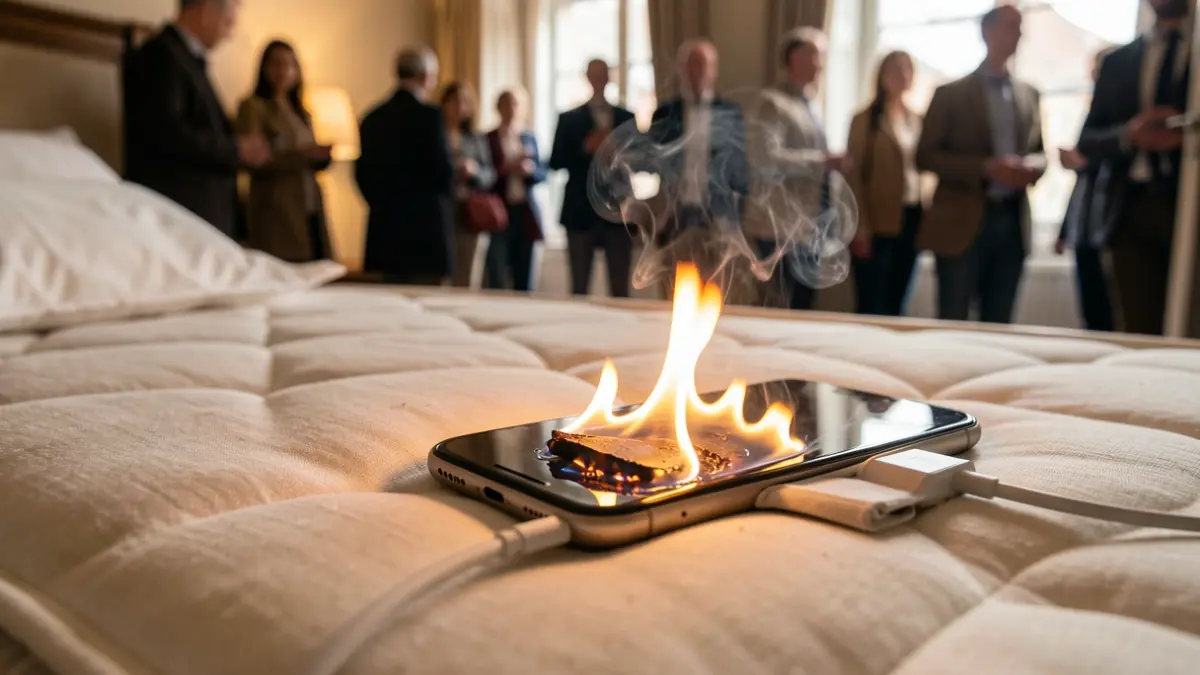 Image of a mobile phone burning on a mattress.