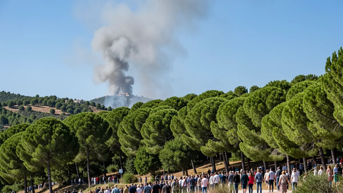 Columna de humo gris sobre una ladera de pinos verdes en Gavà.