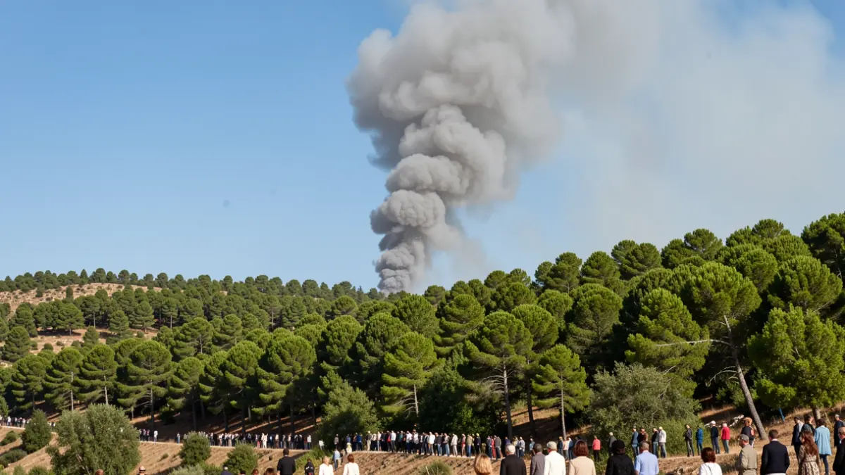 Imatge genèrica de fum d'incendi forestal sobre un paisatge mediterrani.
