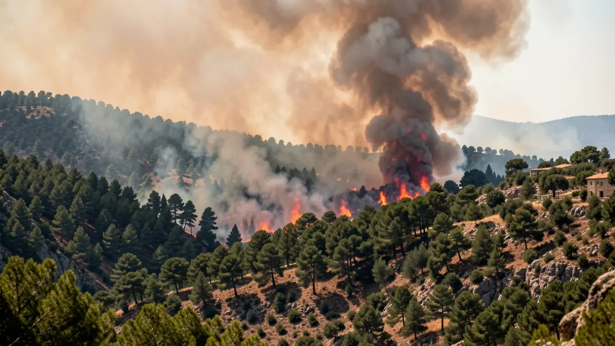 Imatge d'un incendi forestal a Catalunya amb fum dens i flames.