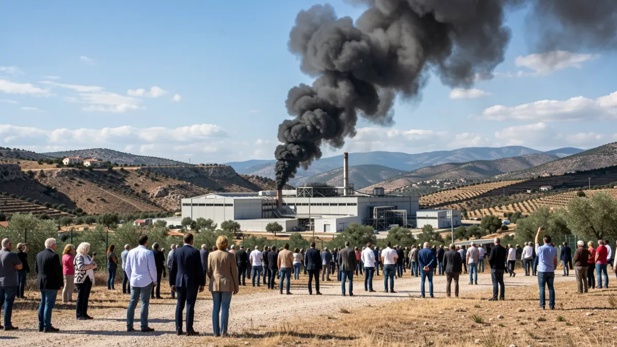 Columna de humo negro de un incendio industrial en Berga.