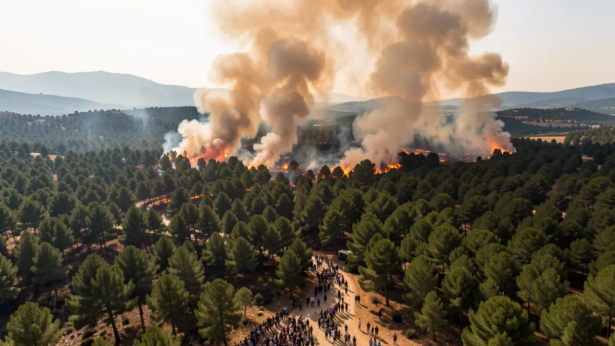 Vista aérea de un gran incendio forestal en Catalunya con humo denso.